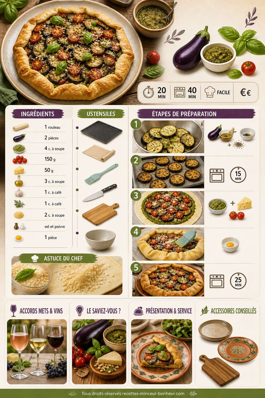 Fiche recette Recette de tarte rustique aux aubergines et pesto : un délice facile à réaliser Fiche recette Recette de tarte rustique aux aubergines et pesto : un délice facile à réaliser