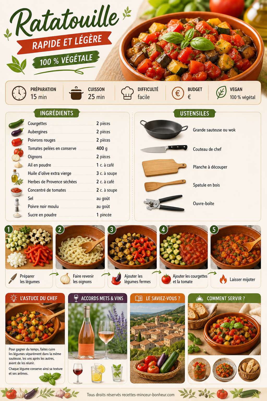 Fiche recette Ratatouille rapide et l&eacute;g&egrave;re : recette vegan facile
