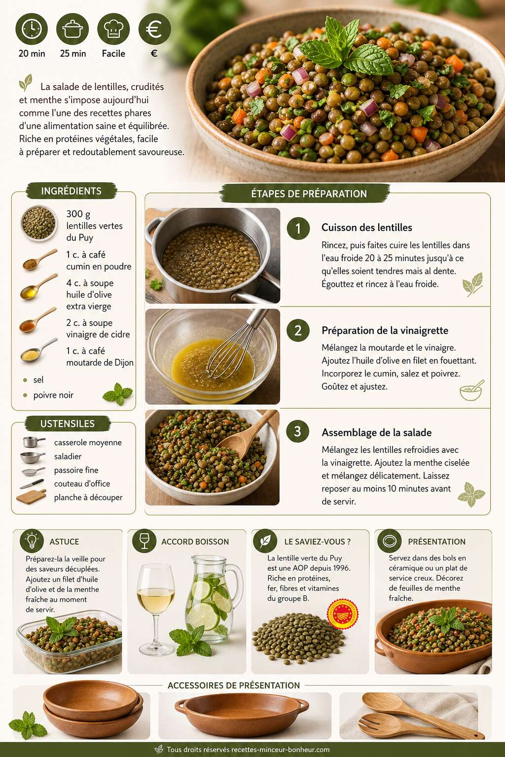Fiche recette Salade de lentilles, crudit&eacute;s et menthe : recette fra&icirc;che et saine