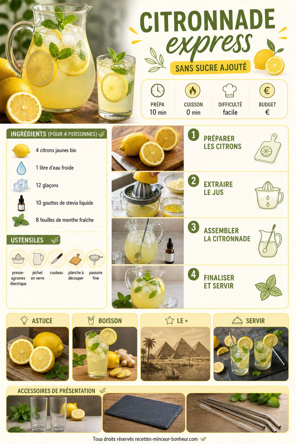 Fiche recette Citronnade express sans sucre ajout&eacute; : recette rapide et rafra&icirc;chissante