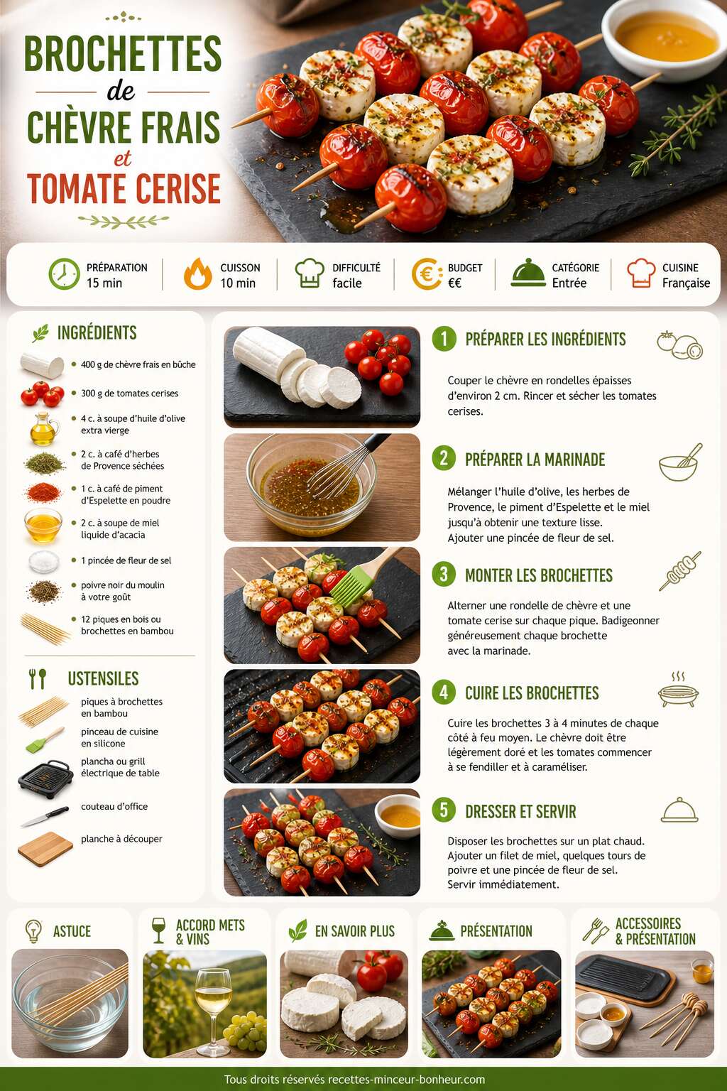 Fiche recette Brochettes de chèvre frais et tomate cerise Fiche recette Brochettes de chèvre frais et tomate cerise