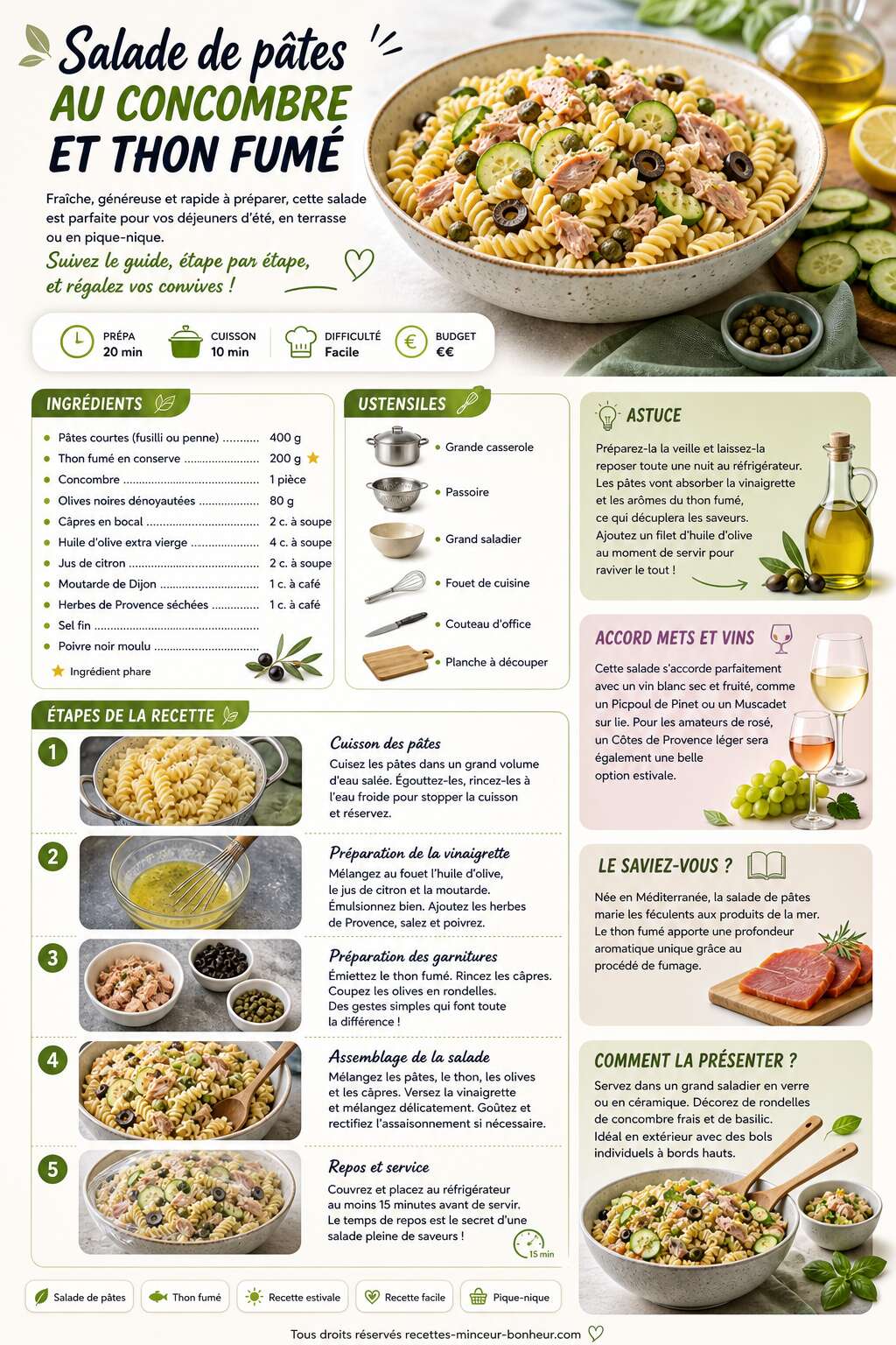 Fiche recette Salade de pâtes au concombre et thon fumé Fiche recette Salade de pâtes au concombre et thon fumé