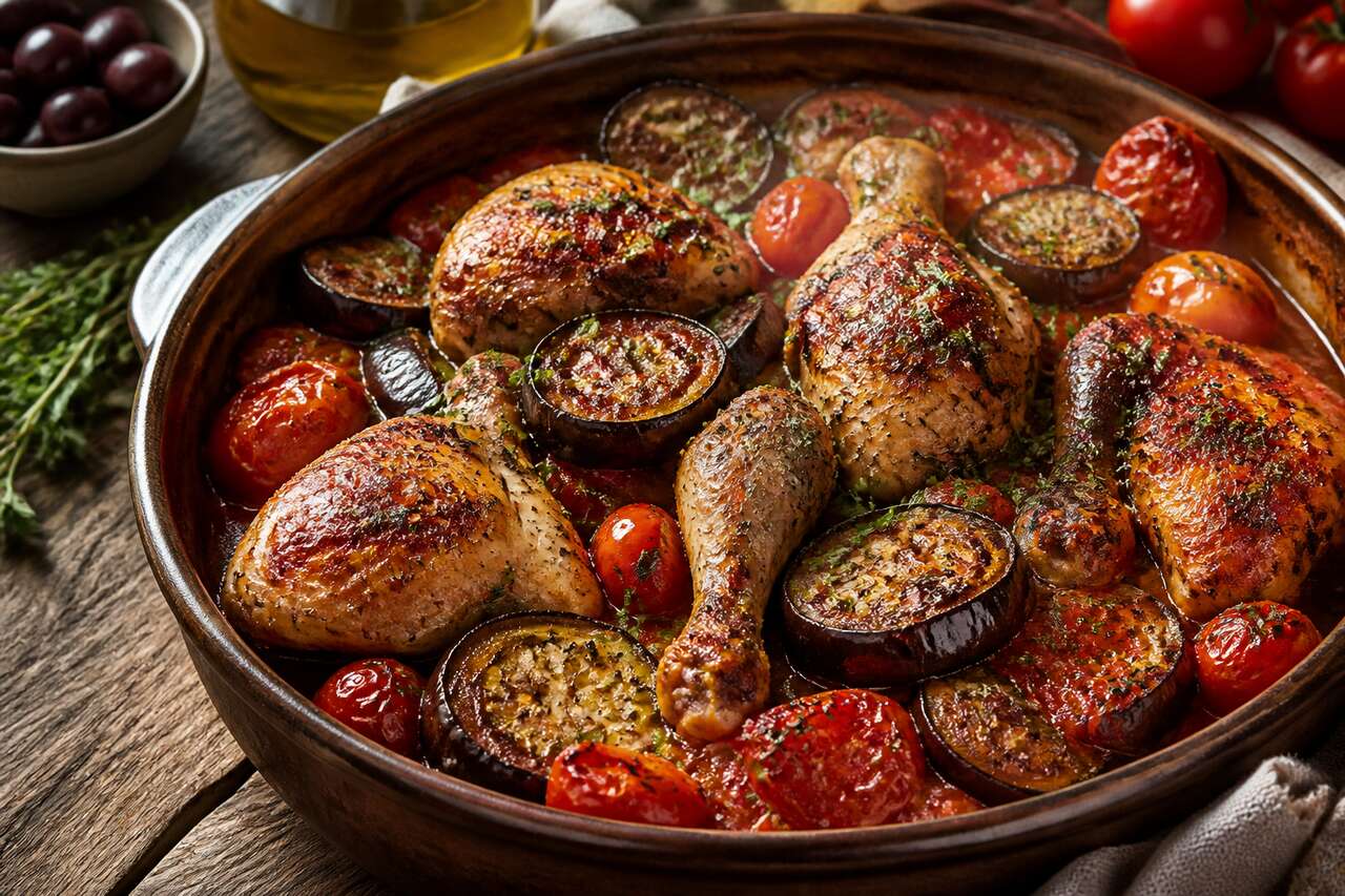 Aubergine et poulet au four, tomates et épices façon méditerranéenne Aubergine et poulet au four, tomates et épices façon méditerranéenne