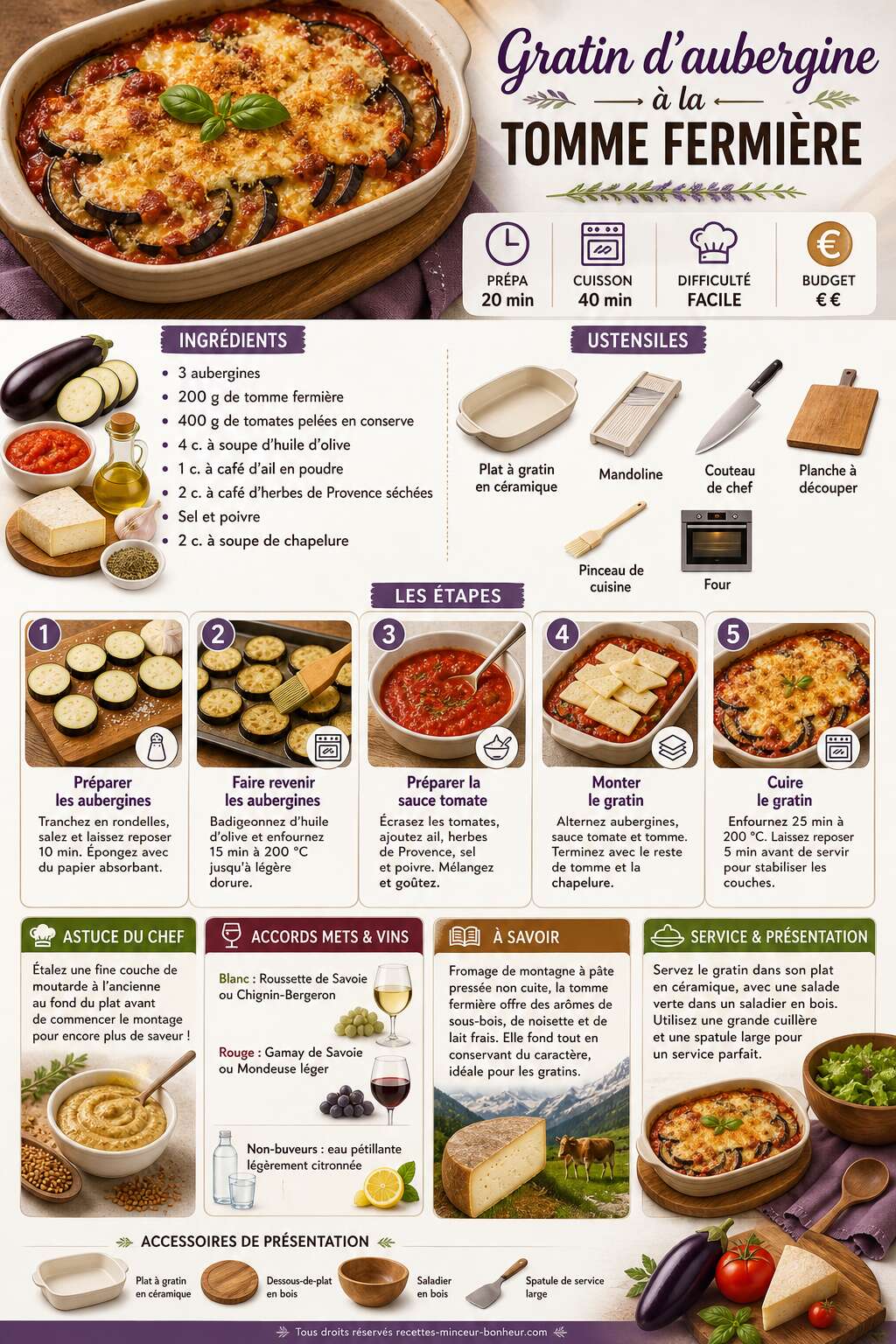 Fiche recette Gratin d'aubergine à la tomme fermière : recette savoureuse et facile Fiche recette Gratin d'aubergine à la tomme fermière : recette savoureuse et facile