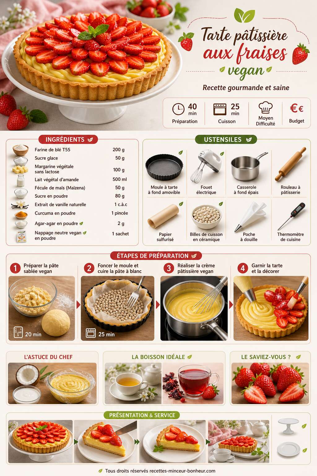 Fiche recette Tarte pâtissière aux fraises vegan : recette gourmande et saine Fiche recette Tarte pâtissière aux fraises vegan : recette gourmande et saine