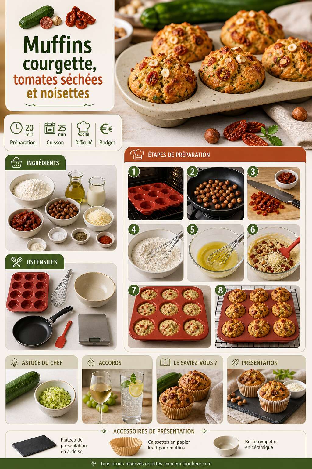 Fiche recette Muffins courgette, tomates séchées et noisettes : recette gourmande et saine Fiche recette Muffins courgette, tomates séchées et noisettes : recette gourmande et saine