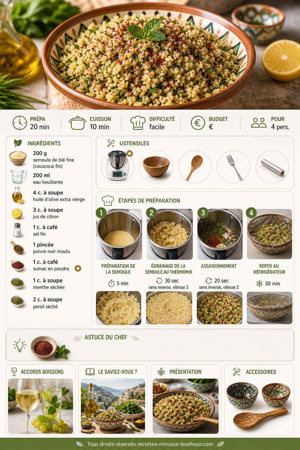 Fiche recette Recette taboul&eacute; au thermomix : m&eacute;thode simple