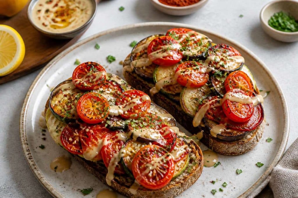 Toasts d'aubergines aux légumes végans