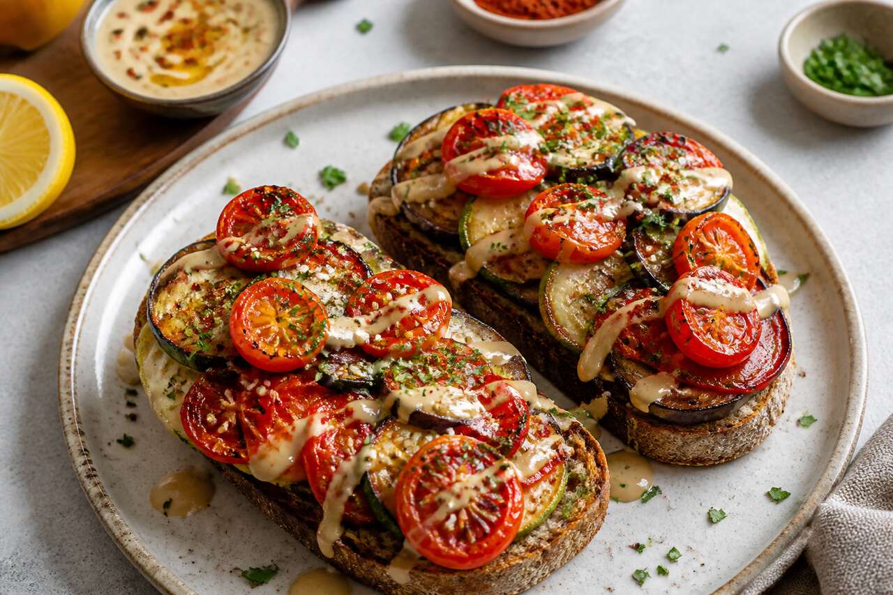 Toasts d'aubergines aux légumes végans
