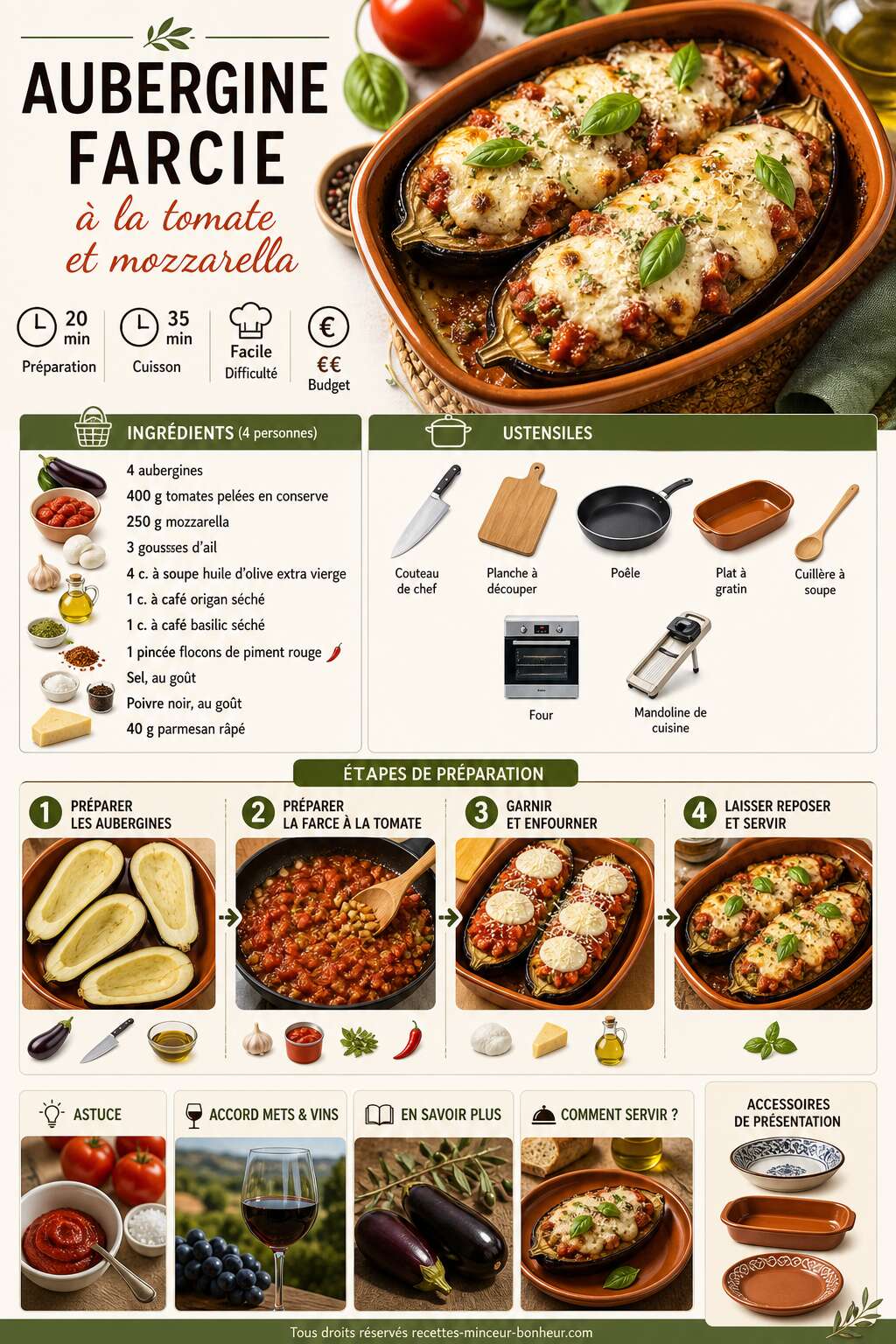Fiche recette Recette d'aubergine farcie à la tomate et mozzarella Fiche recette Recette d'aubergine farcie à la tomate et mozzarella
