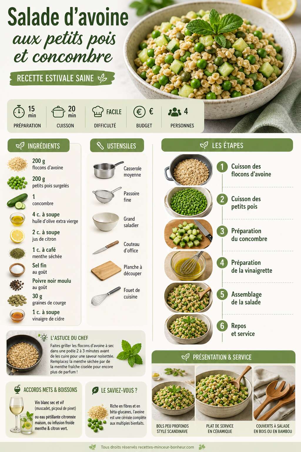 Fiche recette Salade d'avoine aux petits pois et concombre : recette estivale saine