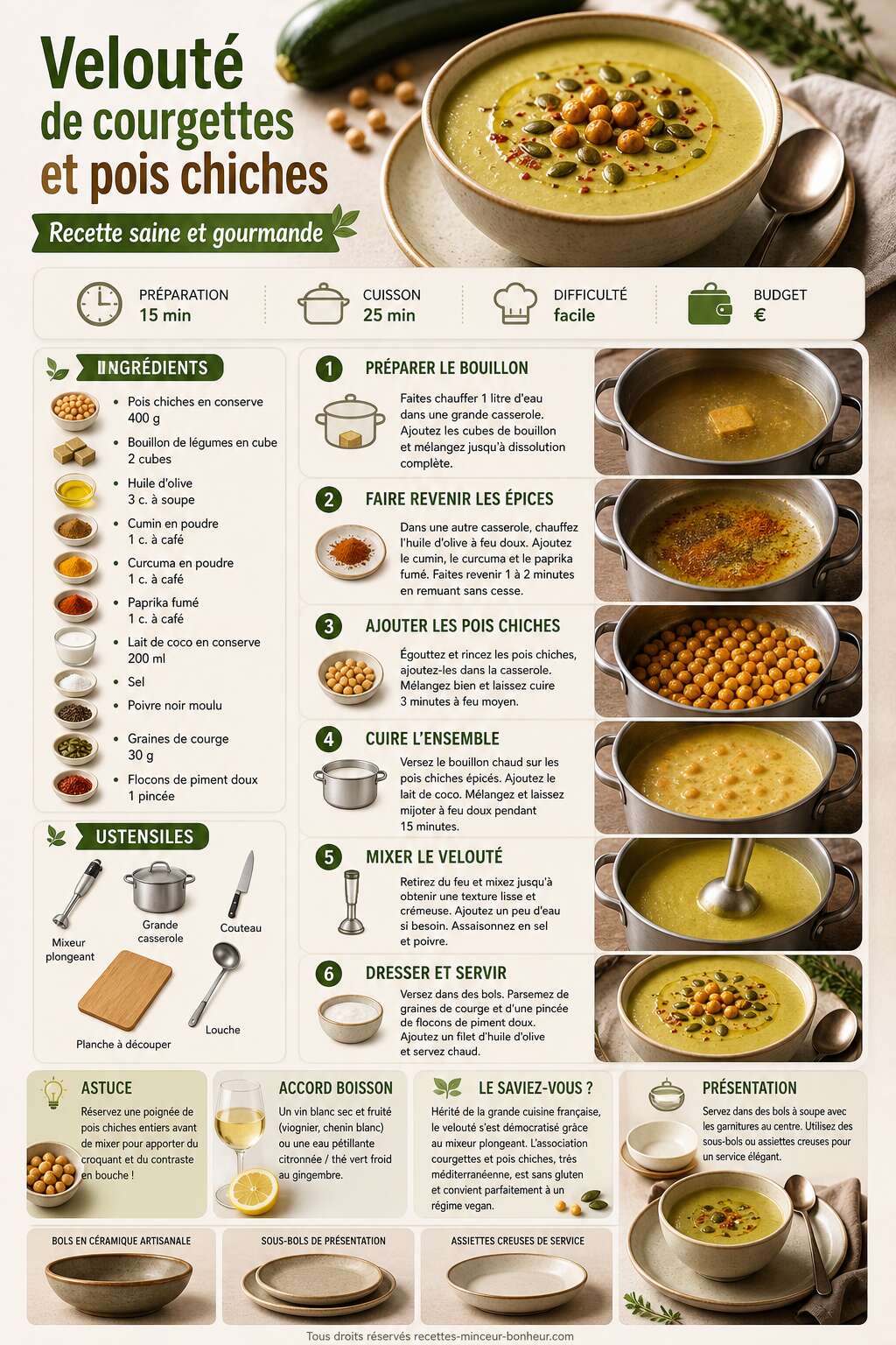 Fiche recette Velouté de courgettes et pois chiches : recette saine et gourmande Fiche recette Velouté de courgettes et pois chiches : recette saine et gourmande