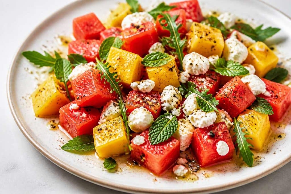 Salade de pastèque, mangue et feta : recette fraîche et savoureuse