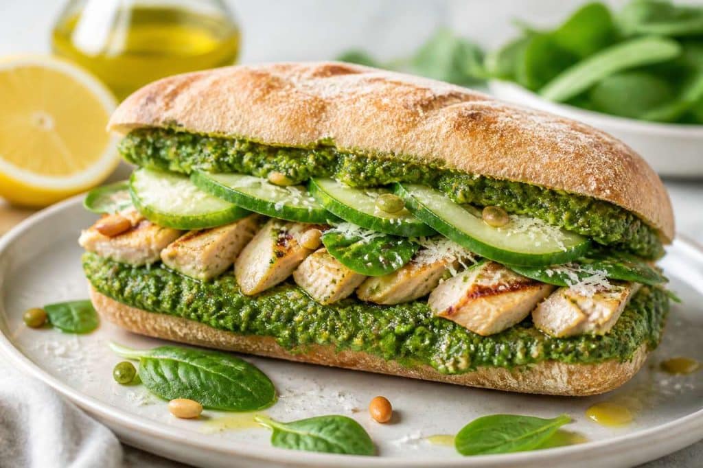 Sandwich au pesto d'épinards : poulet et concombre