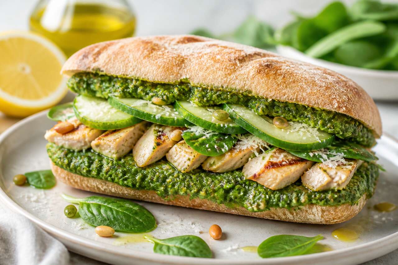 Sandwich au pesto d'épinards : poulet et concombre