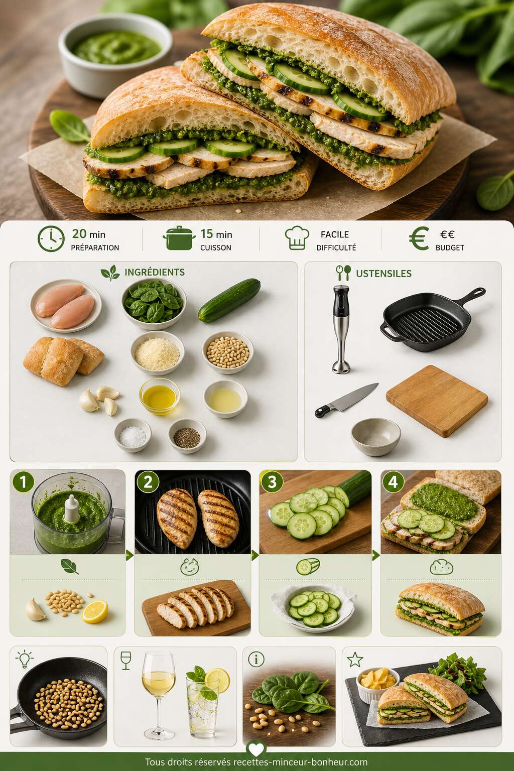 Fiche recette Sandwich au pesto d'&eacute;pinards : poulet et concombre