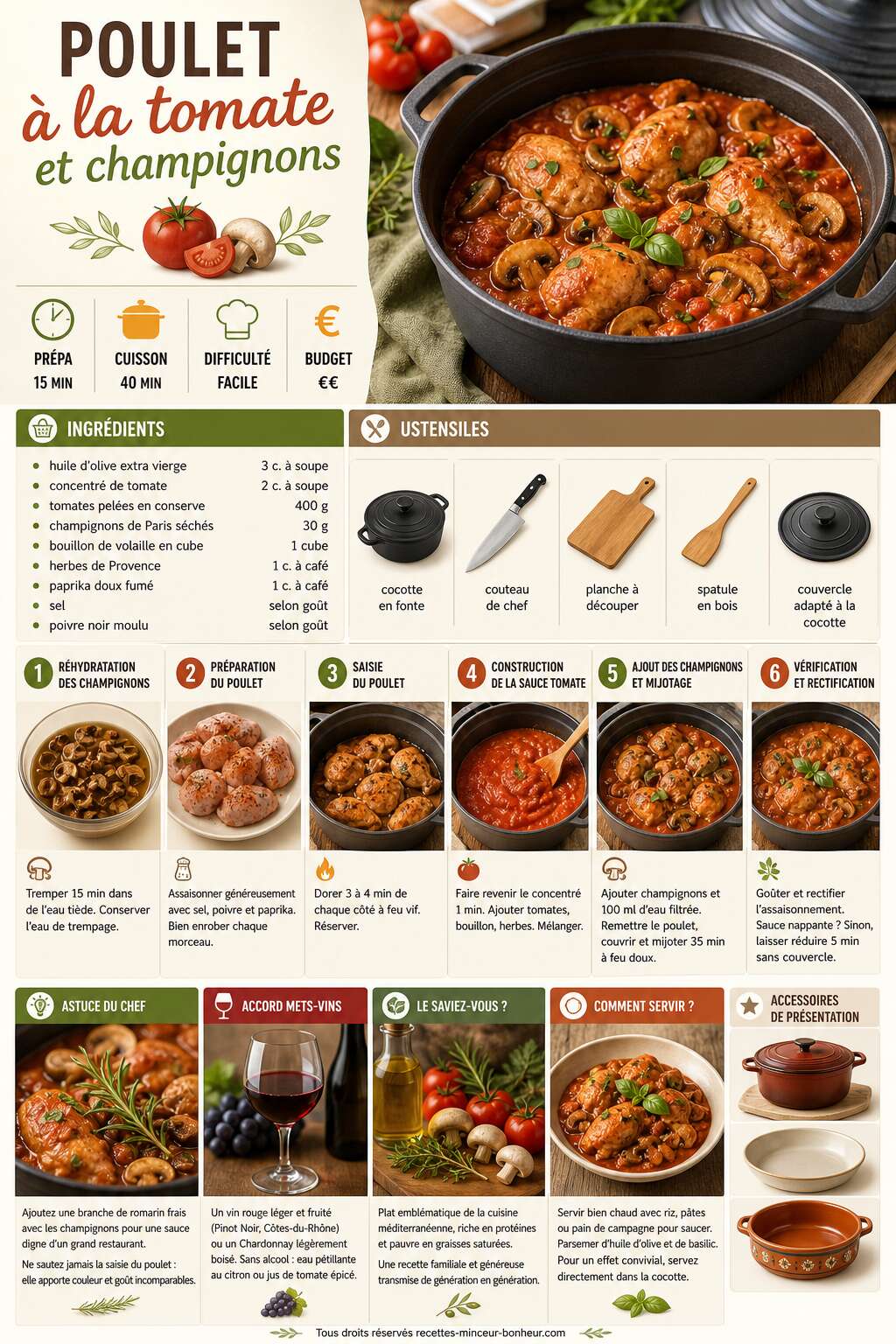 Fiche recette Poulet &agrave; la tomate et champignons : recette saine et facile