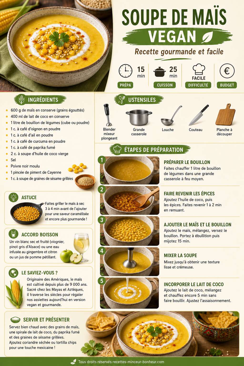 Fiche recette Soupe de ma&iuml;s vegan : recette gourmande et facile