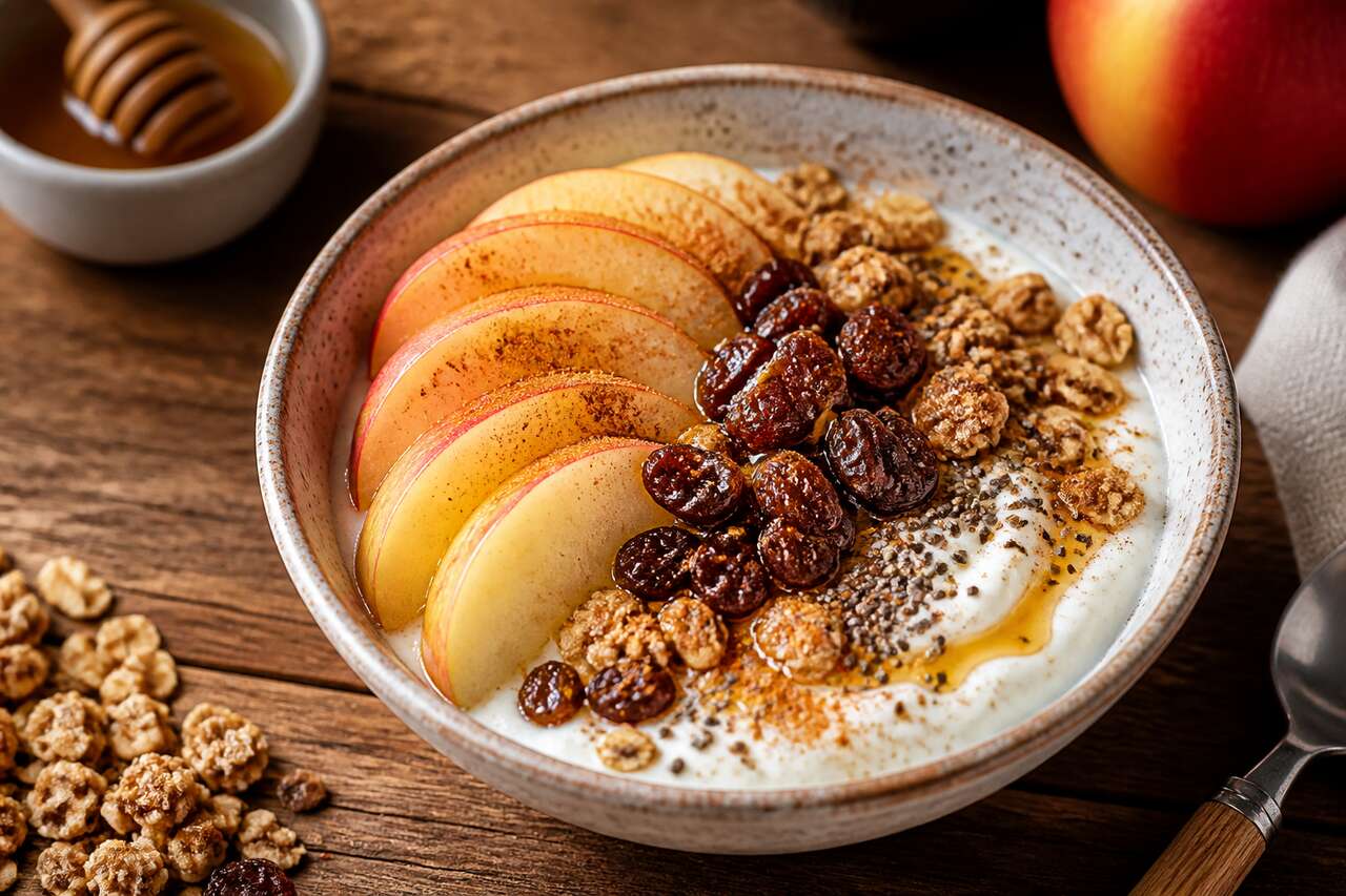 Bowl de yaourt aux pommes et raisins : recette facile et saine