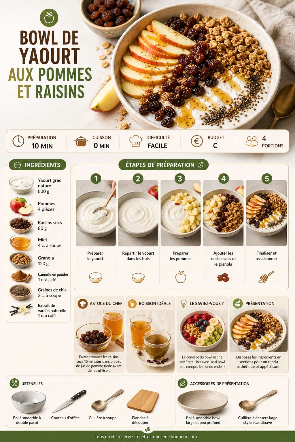 Fiche recette Bowl de yaourt aux pommes et raisins : recette facile et saine