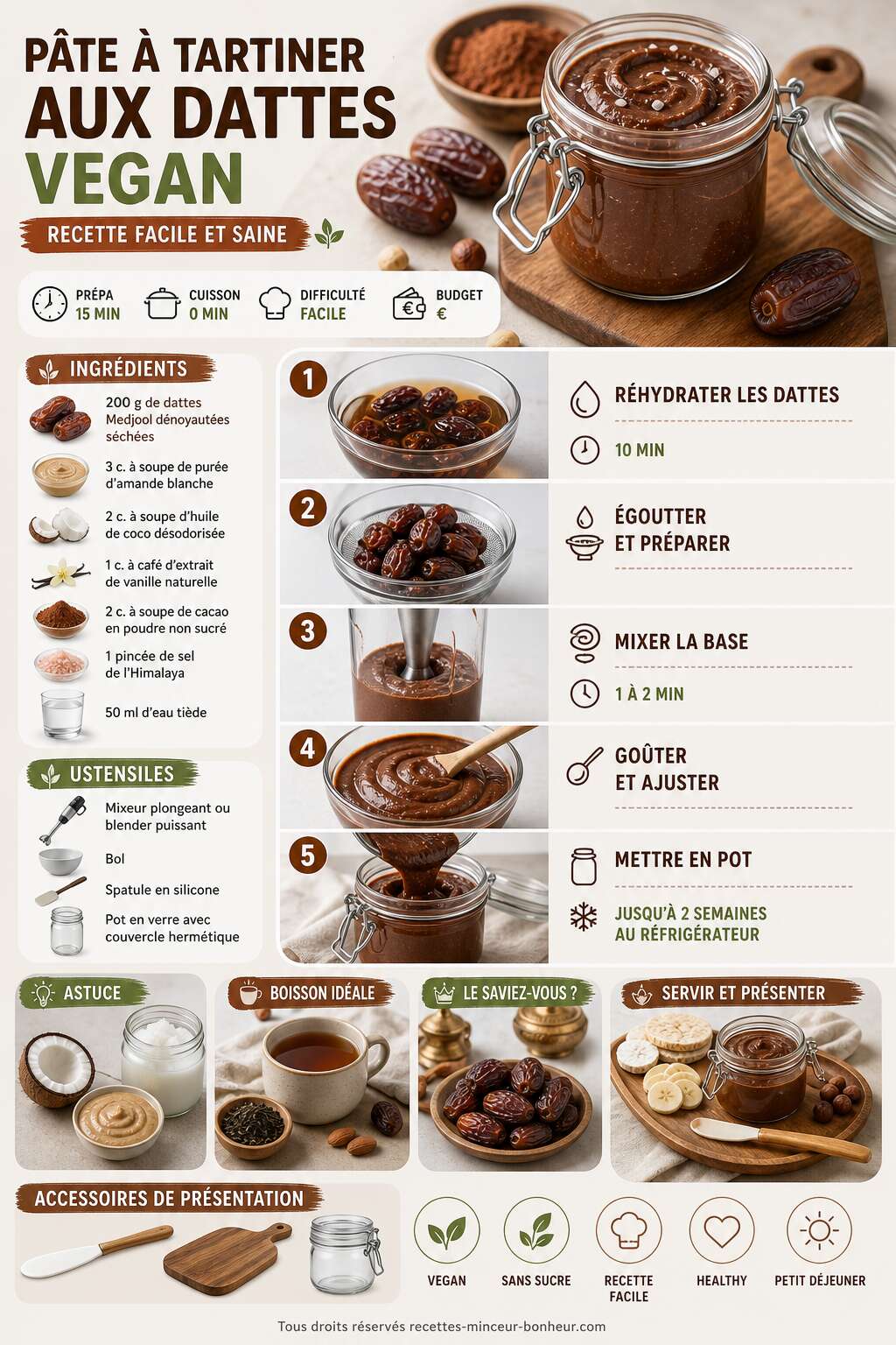 Fiche recette P&acirc;te &agrave; tartiner aux dattes vegan : recette facile et saine
