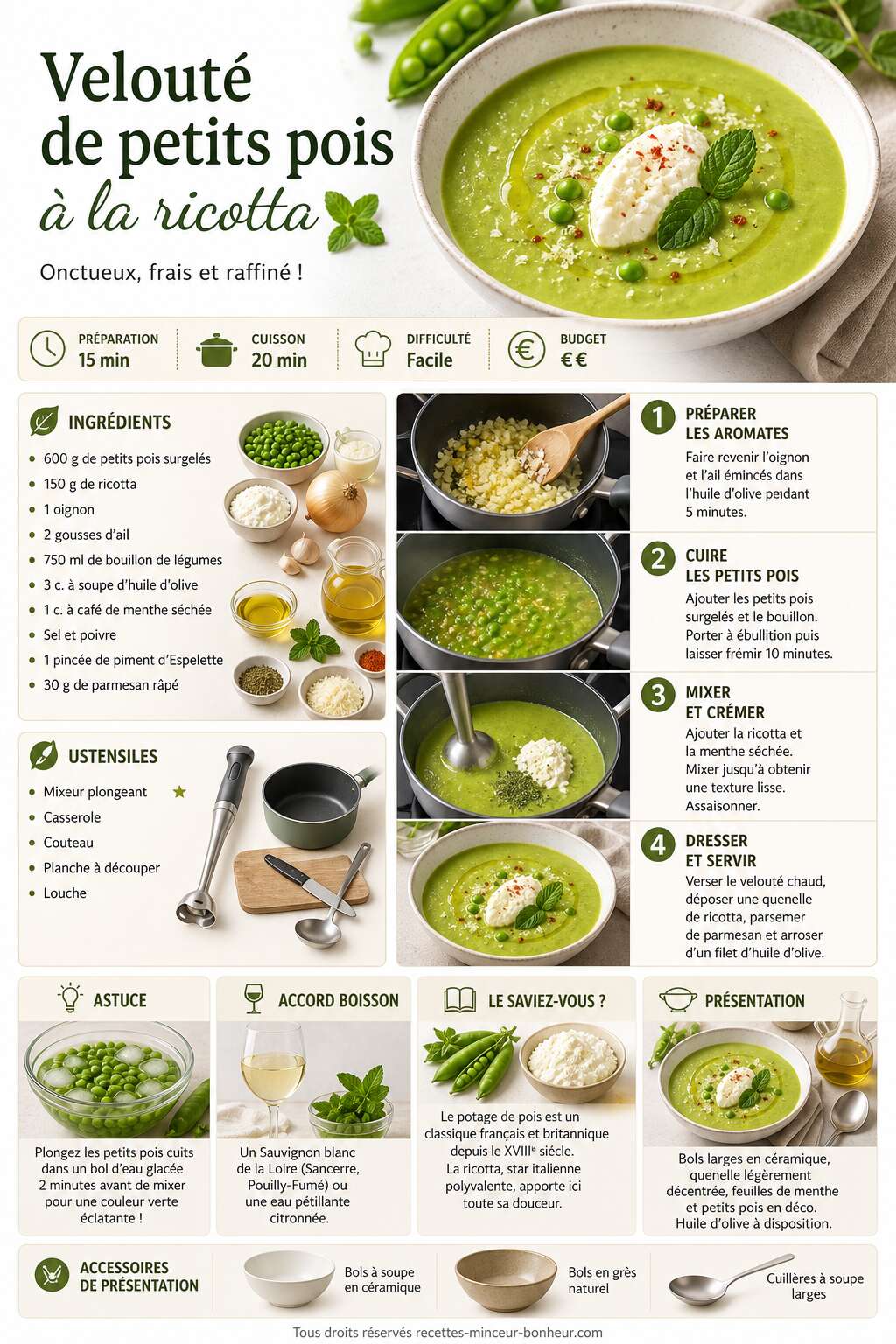 Fiche recette Velout&eacute; de petits pois &agrave; la ricotta : recette savoureuse