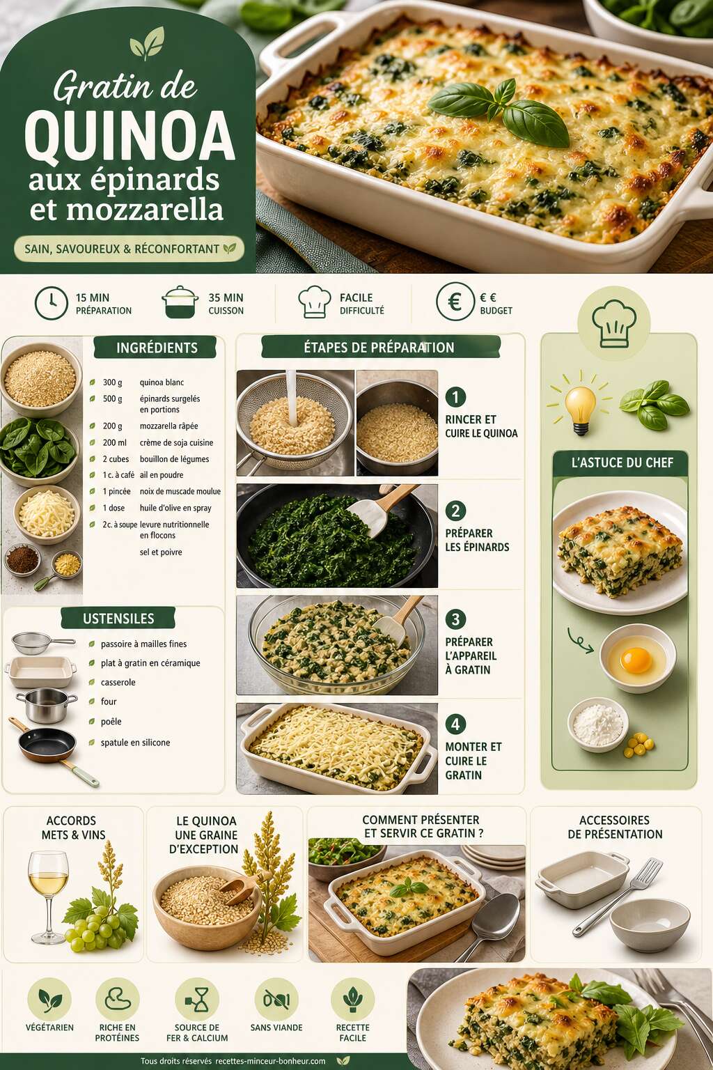 Fiche recette Gratin de quinoa aux &eacute;pinards et mozzarella : recette saine et savoureuse