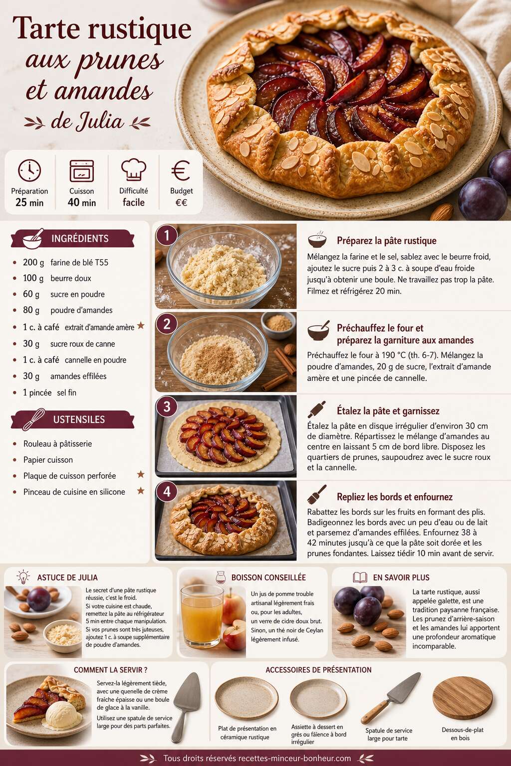 Fiche recette Tarte rustique aux prunes et amandes de Julia