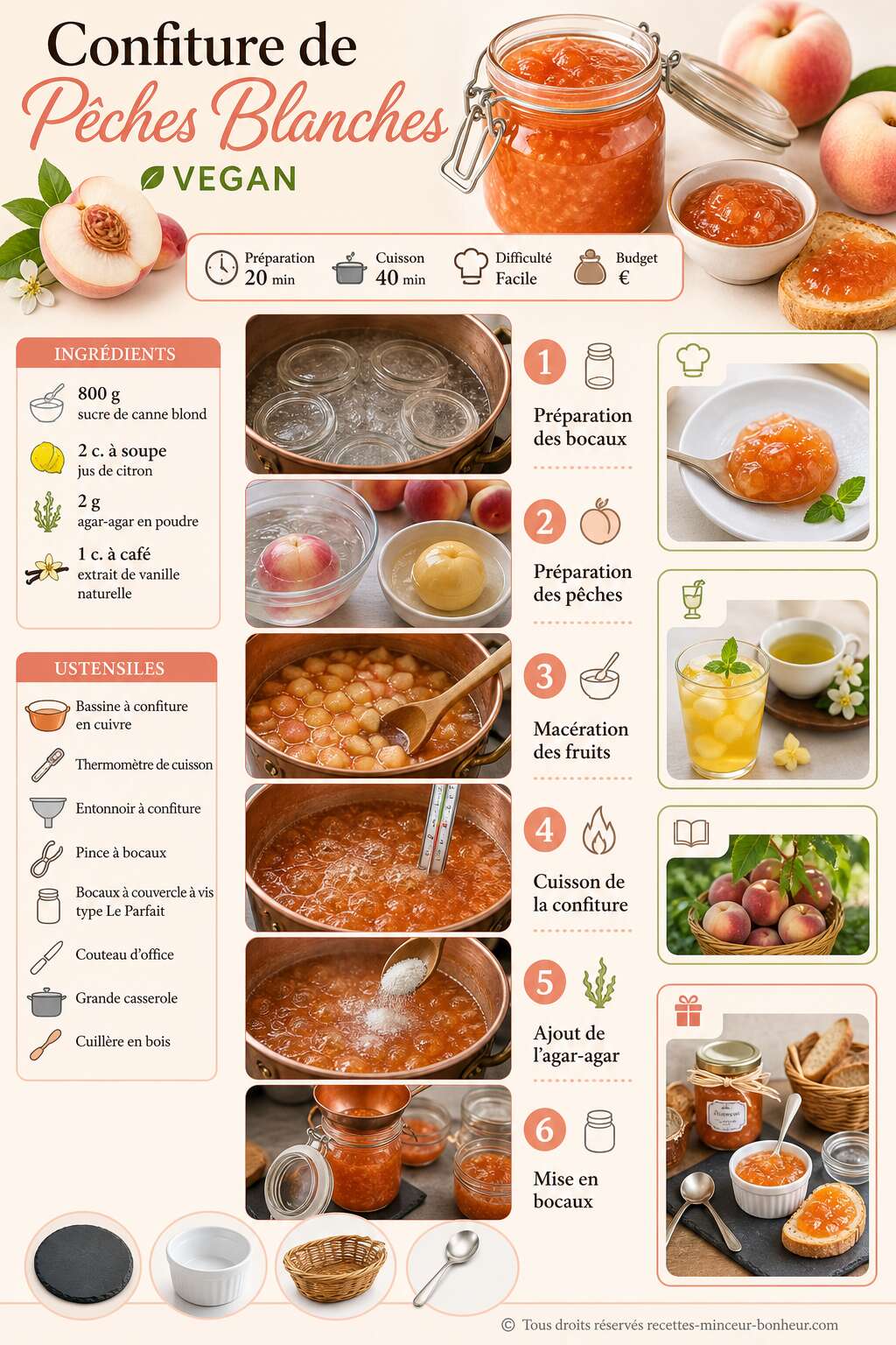 Fiche recette Recette de confiture de pêches blanches vegan Fiche recette Recette de confiture de pêches blanches vegan