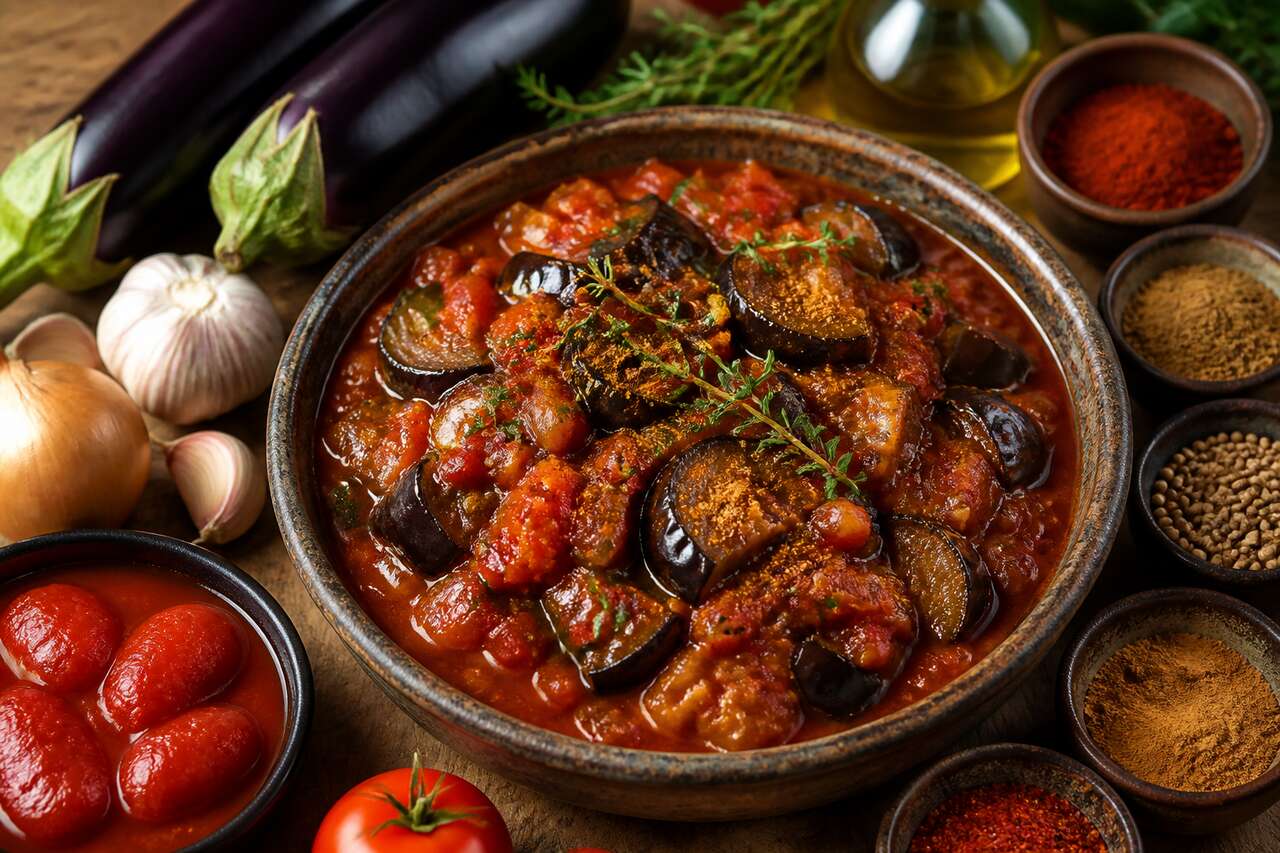 Ragoût d'aubergines aux tomates et sauce savoureuse