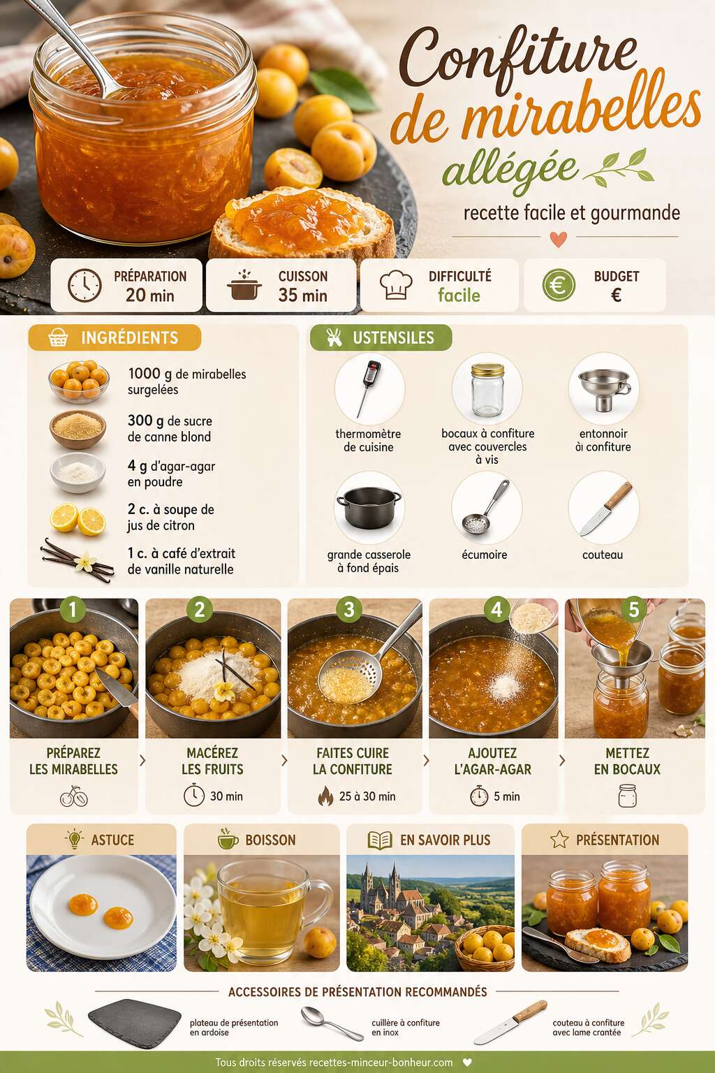 Fiche recette Confiture de mirabelles all&eacute;g&eacute;e : recette facile et gourmande