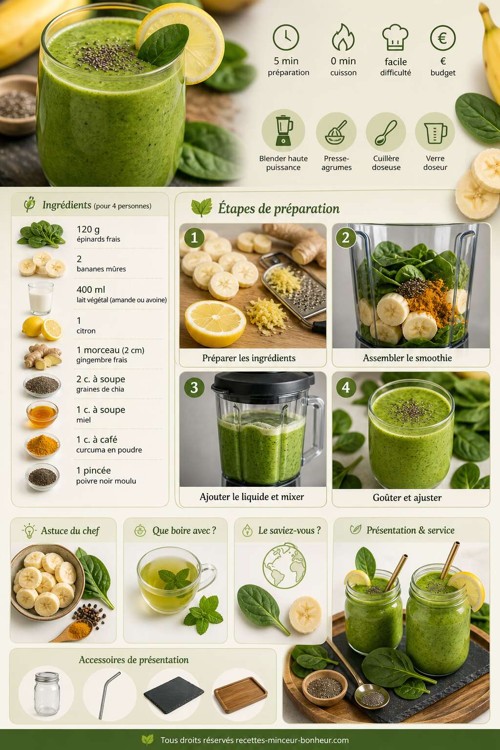 Fiche recette Smoothie d&eacute;tox &eacute;pinards et banane : la recette healthy