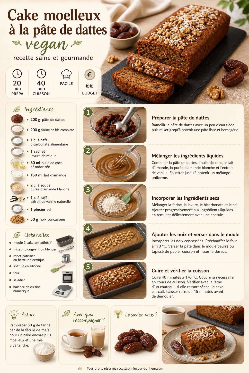 Fiche recette Cake moelleux &agrave; la p&acirc;te de dattes vegan : recette saine et gourmande