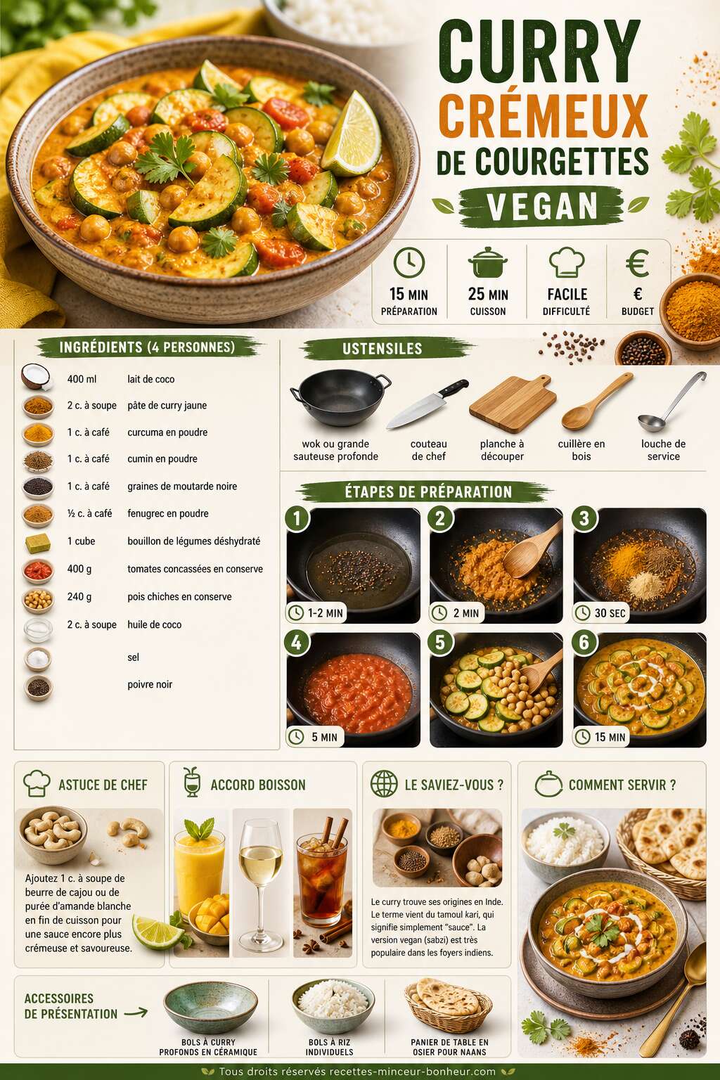 Fiche recette Curry crémeux de courgettes vegan : recette savoureuse Fiche recette Curry crémeux de courgettes vegan : recette savoureuse