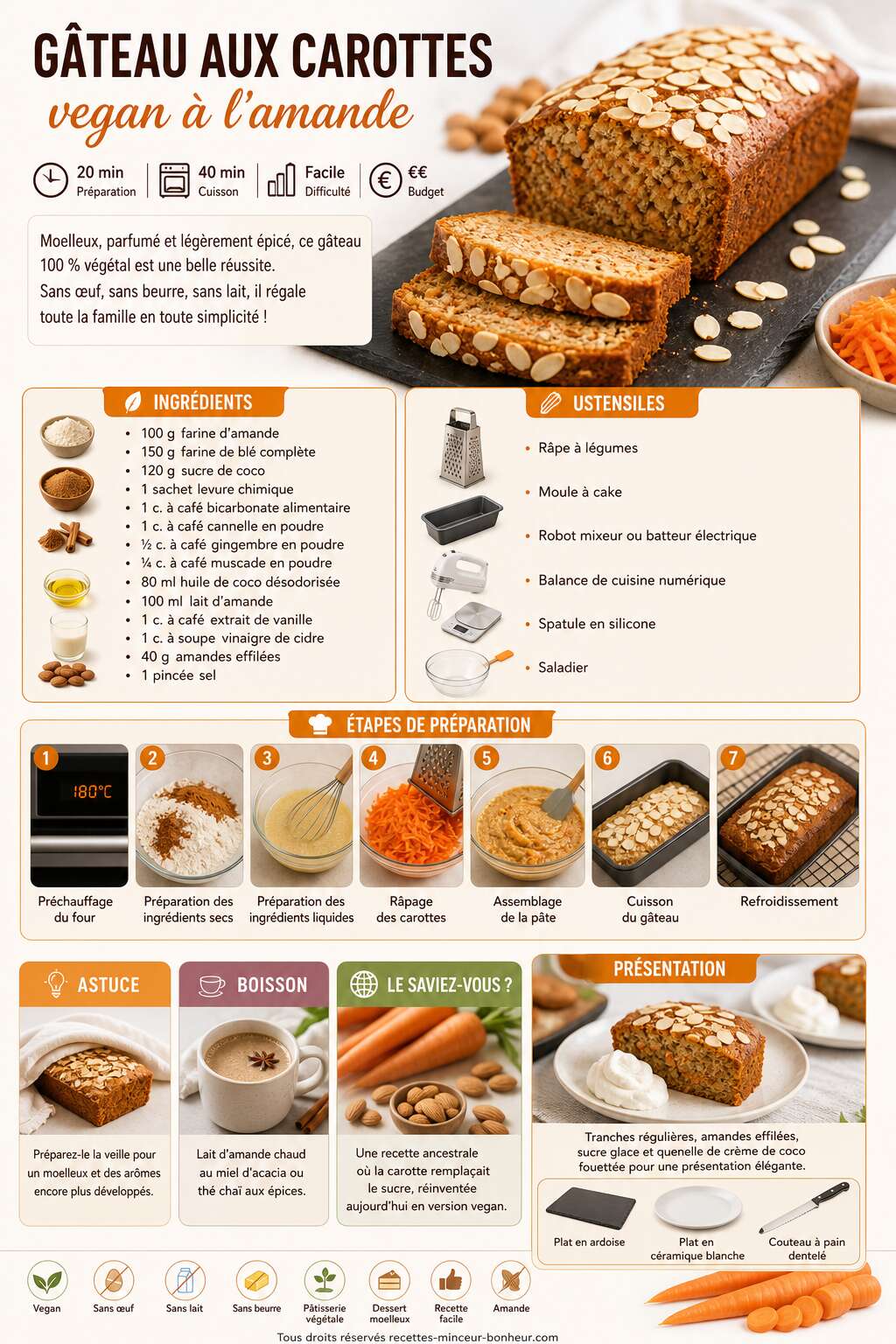 Fiche recette Gâteau aux carottes vegan à l'amande : recette gourmande Fiche recette Gâteau aux carottes vegan à l'amande : recette gourmande