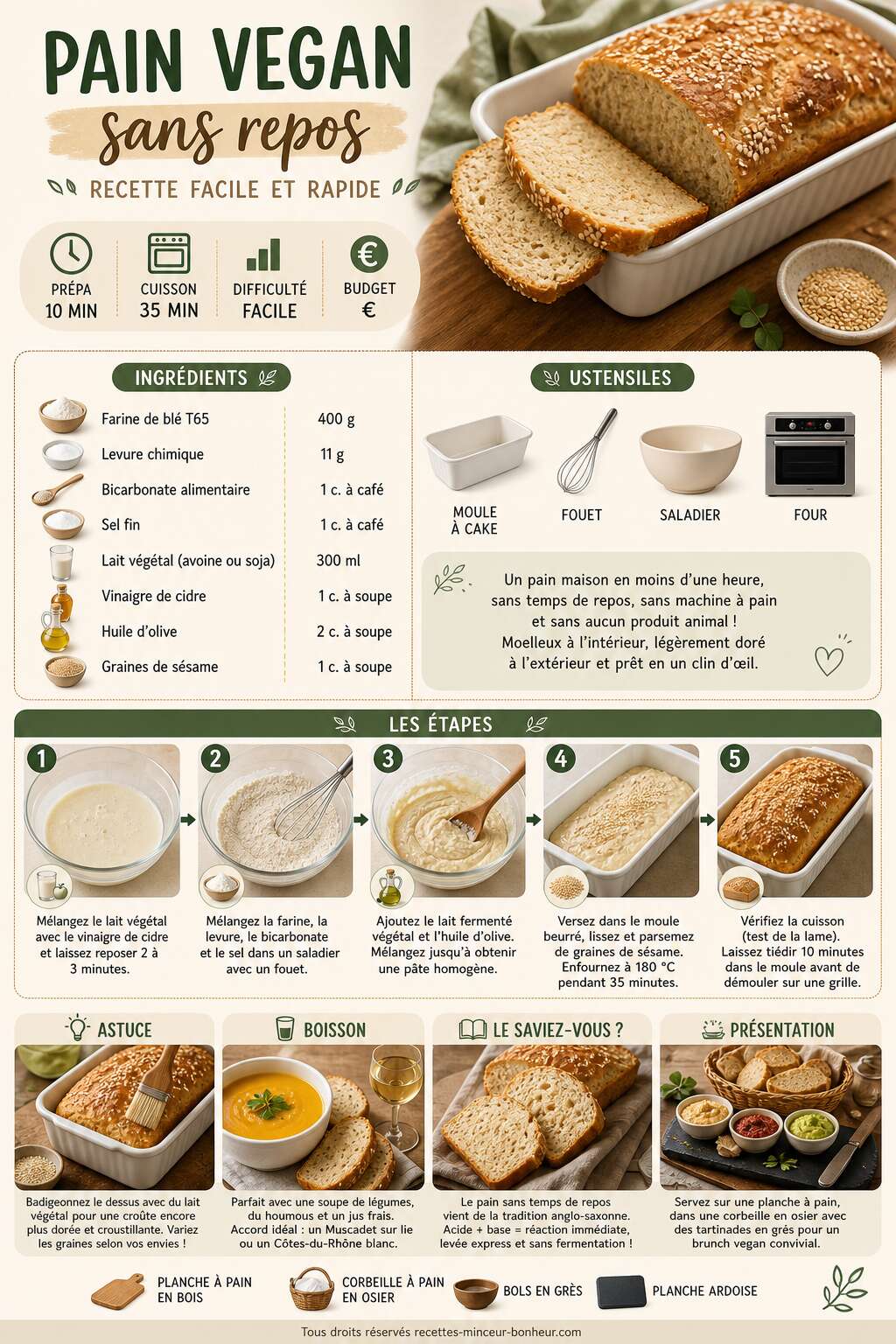 Fiche recette Pain vegan sans repos : recette facile et rapide
