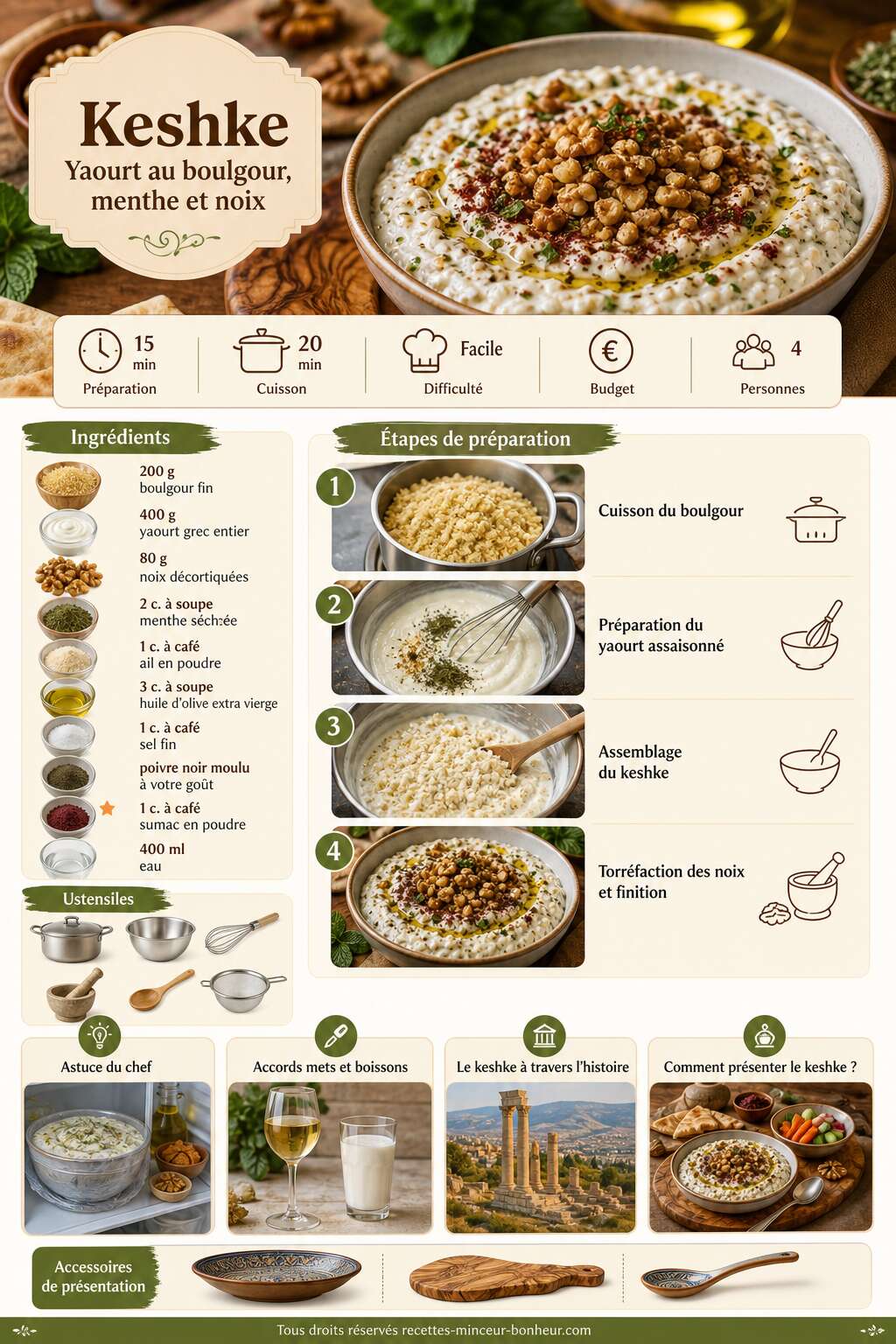 Fiche recette Recette keshke : yaourt au boulgour, menthe et noix
