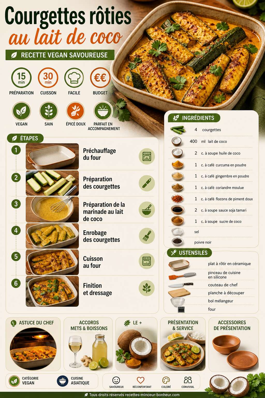 Fiche recette Courgettes rôties au lait de coco : recette vegan savoureuse Fiche recette Courgettes rôties au lait de coco : recette vegan savoureuse