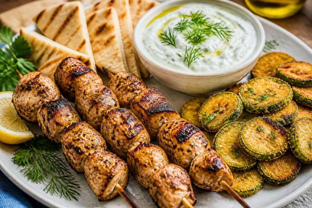 Brochette de poulet Souvlaki et courgette frites : recette savoureuse