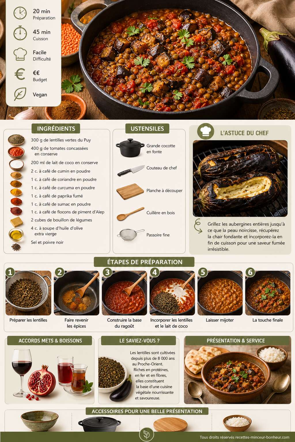 Fiche recette Ragoût d'aubergines et lentilles vegan : une recette saine et savoureuse Fiche recette Ragoût d'aubergines et lentilles vegan : une recette saine et savoureuse
