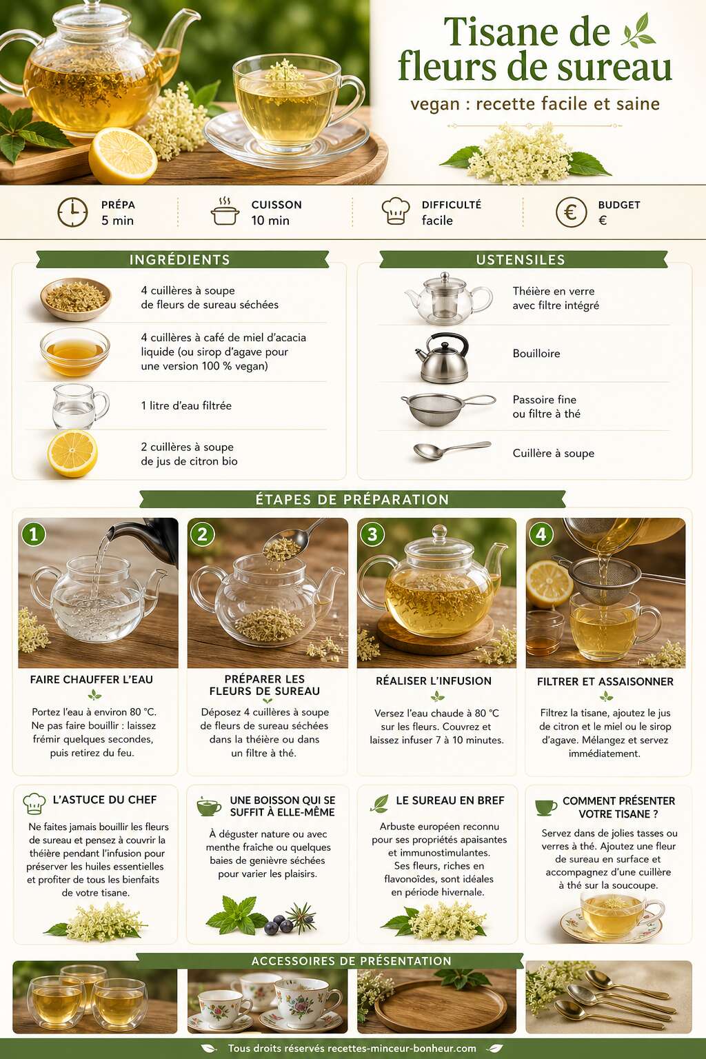 Fiche recette Tisane de fleurs de sureau vegan : recette facile et saine Fiche recette Tisane de fleurs de sureau vegan : recette facile et saine