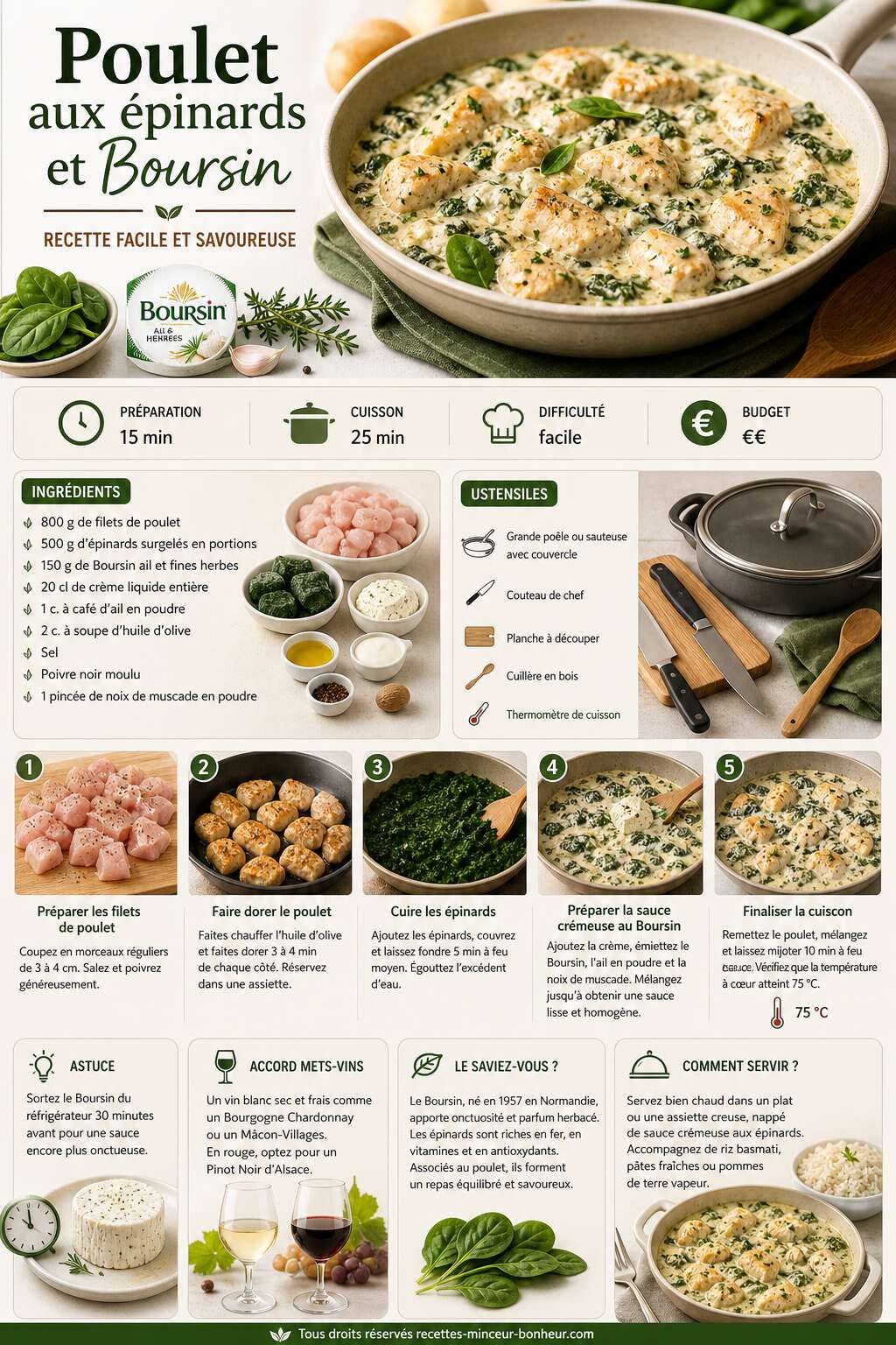 Fiche recette Poulet aux épinards et Boursin : recette facile et savoureuse Fiche recette Poulet aux épinards et Boursin : recette facile et savoureuse