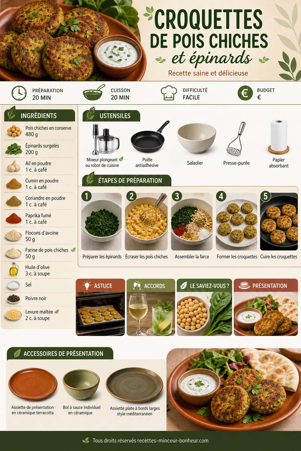 Fiche recette Croquettes de pois chiches et &eacute;pinards : recette saine et d&eacute;licieuse