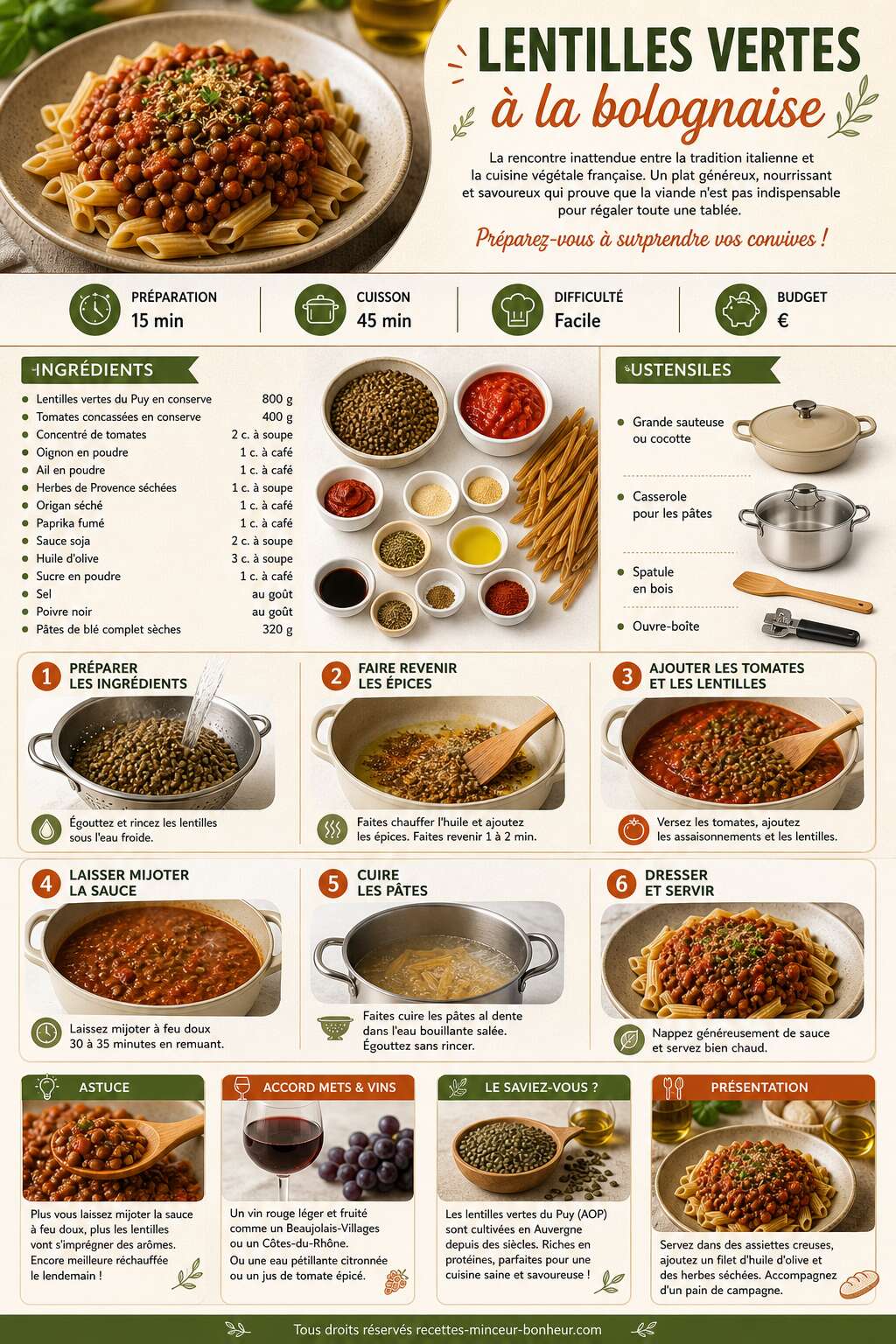 Fiche recette Recette de lentilles vertes &agrave; la bolognaise