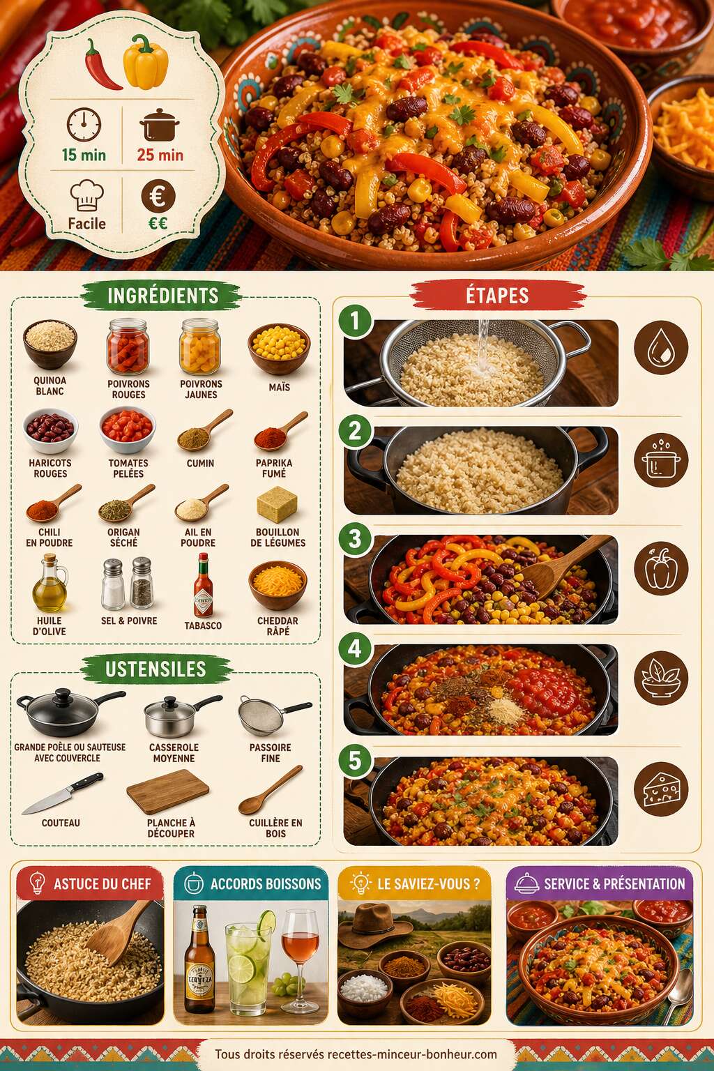 Fiche recette Recette Tex-Mex : quinoa aux Poivrons Fiche recette Recette Tex-Mex : quinoa aux Poivrons