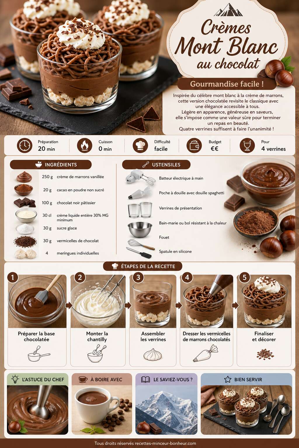 Fiche recette Recette crèmes mont blanc au chocolat : gourmandise facile ! Fiche recette Recette crèmes mont blanc au chocolat : gourmandise facile !