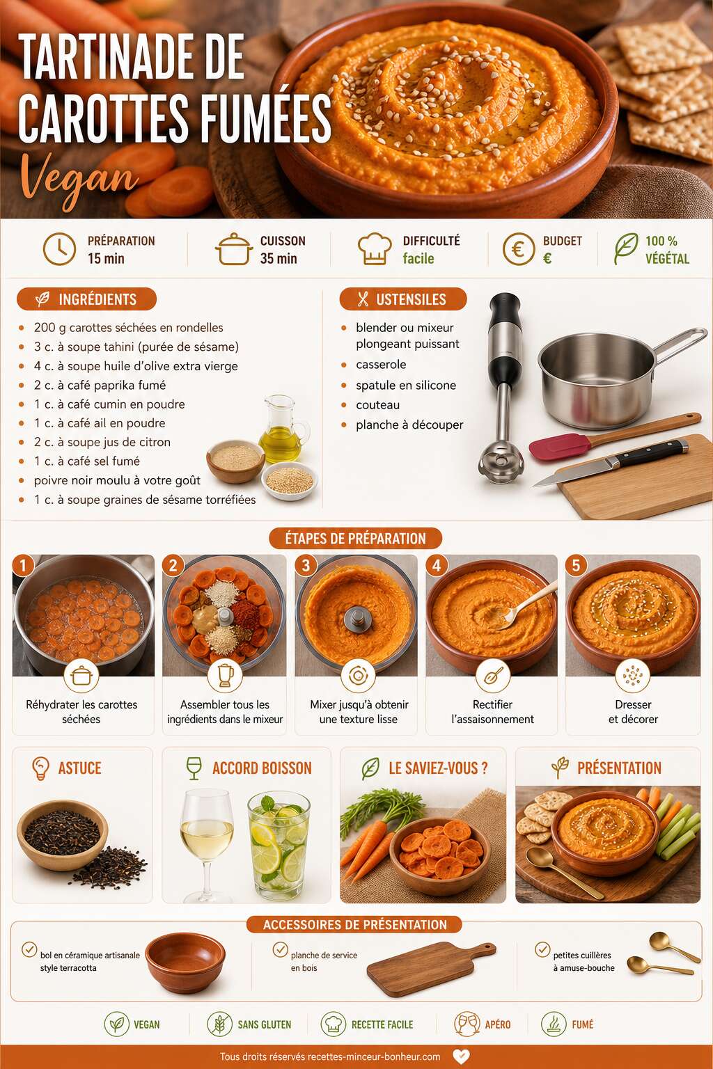 Fiche recette Tartinade de carottes fumées vegan : savourez l'innovation culinaire Fiche recette Tartinade de carottes fumées vegan : savourez l'innovation culinaire