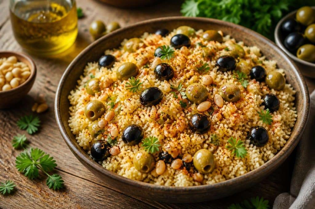Recette vegan : semoule aux olives et pignons