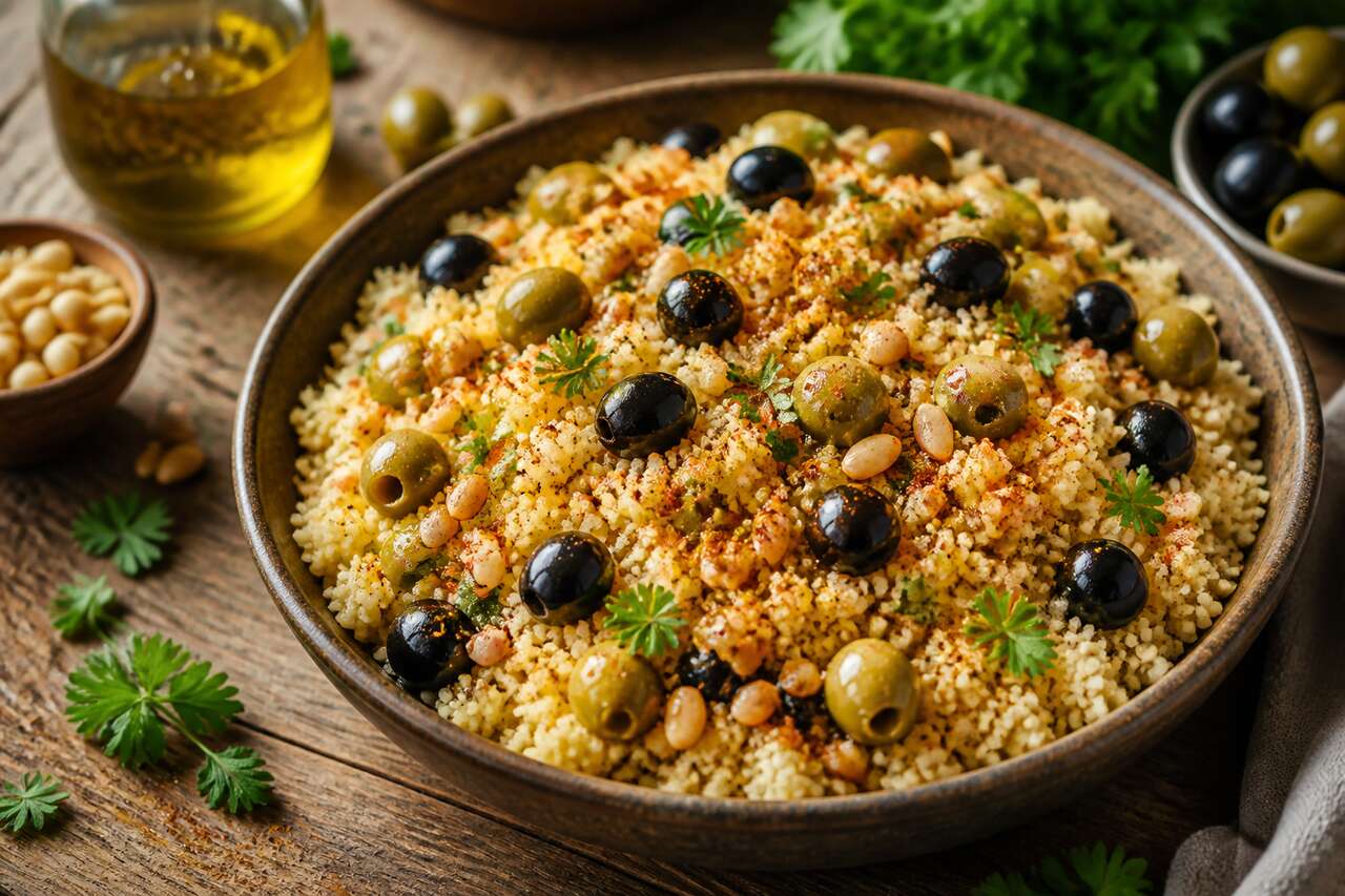 Recette vegan : semoule aux olives et pignons