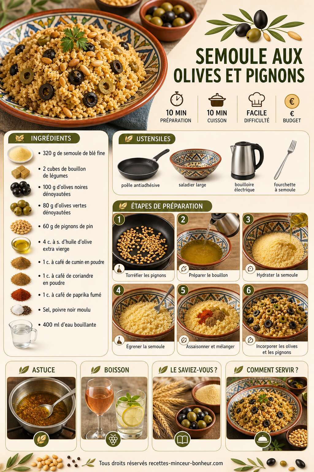 Fiche recette Recette vegan : semoule aux olives et pignons Fiche recette Recette vegan : semoule aux olives et pignons